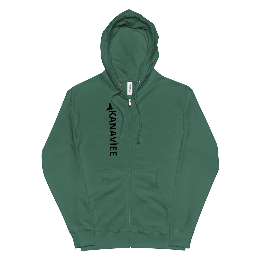 A green full-zip up hoodie with a black vertical &