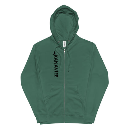 A green full-zip up hoodie with a black vertical &